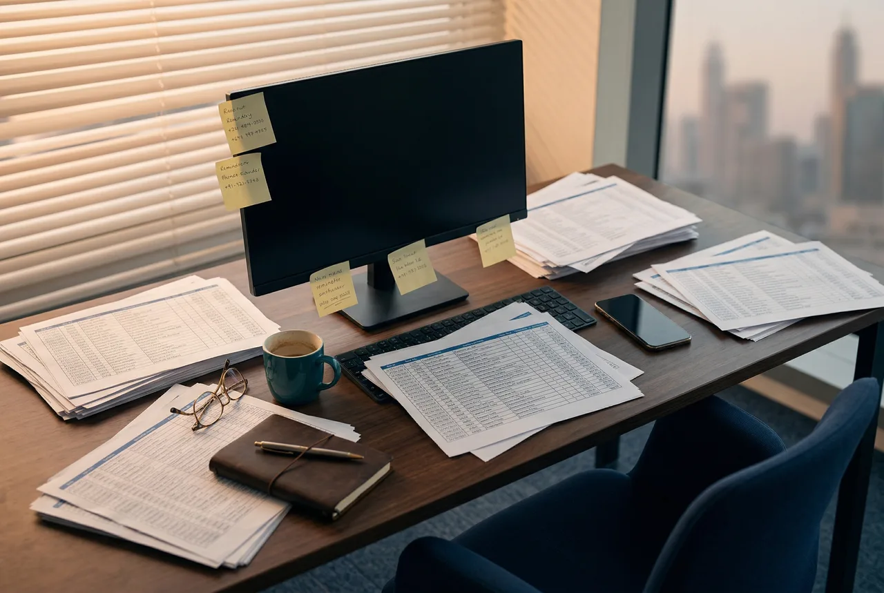 Operator scrolling through scattered spreadsheets on a laptop