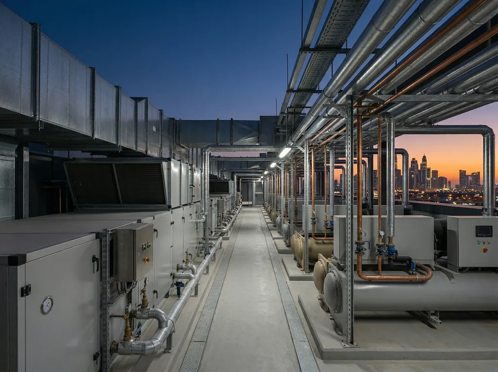 HVAC technician inspecting a rooftop chiller unit