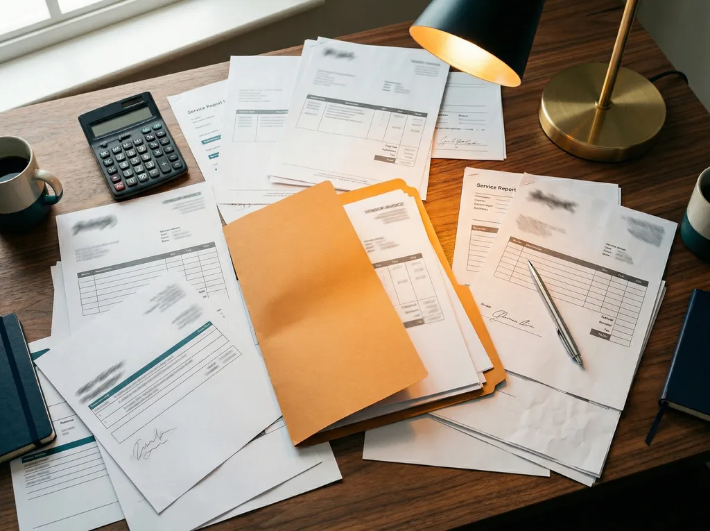 Manager reviewing a stack of vendor invoices at a desk
