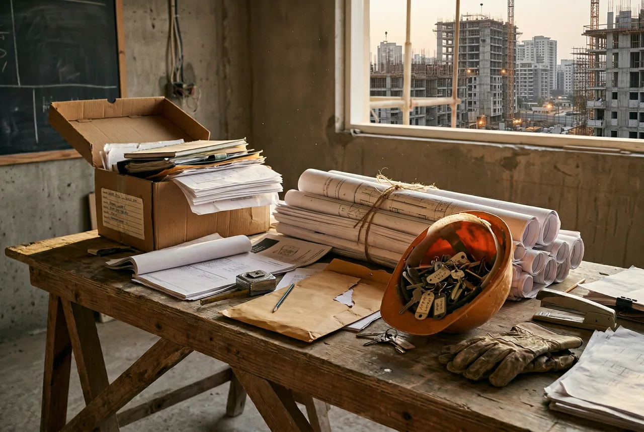 Stacks of PDF snagging lists and scattered Excel defect registers