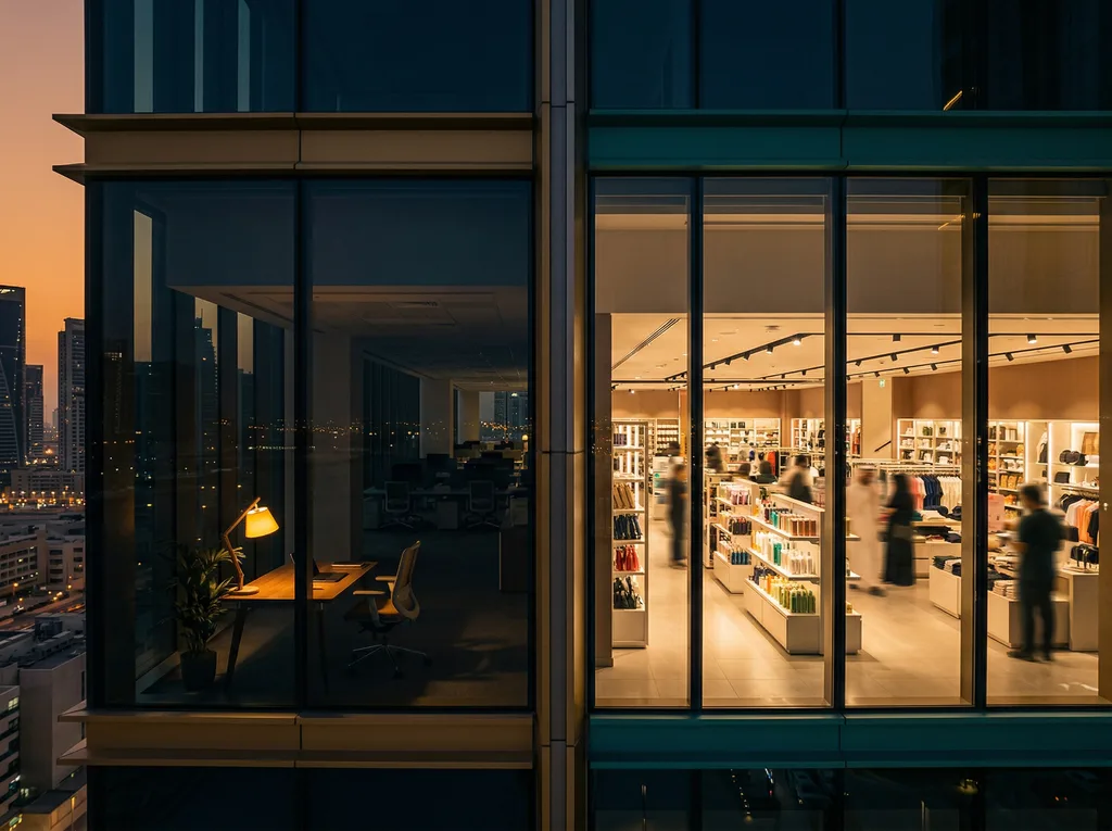 Retail storefront and apartment door shown side by side